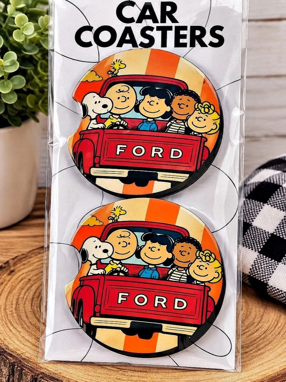 Peanuts Ford Snoopy Gang Car Coasters Orange & Red